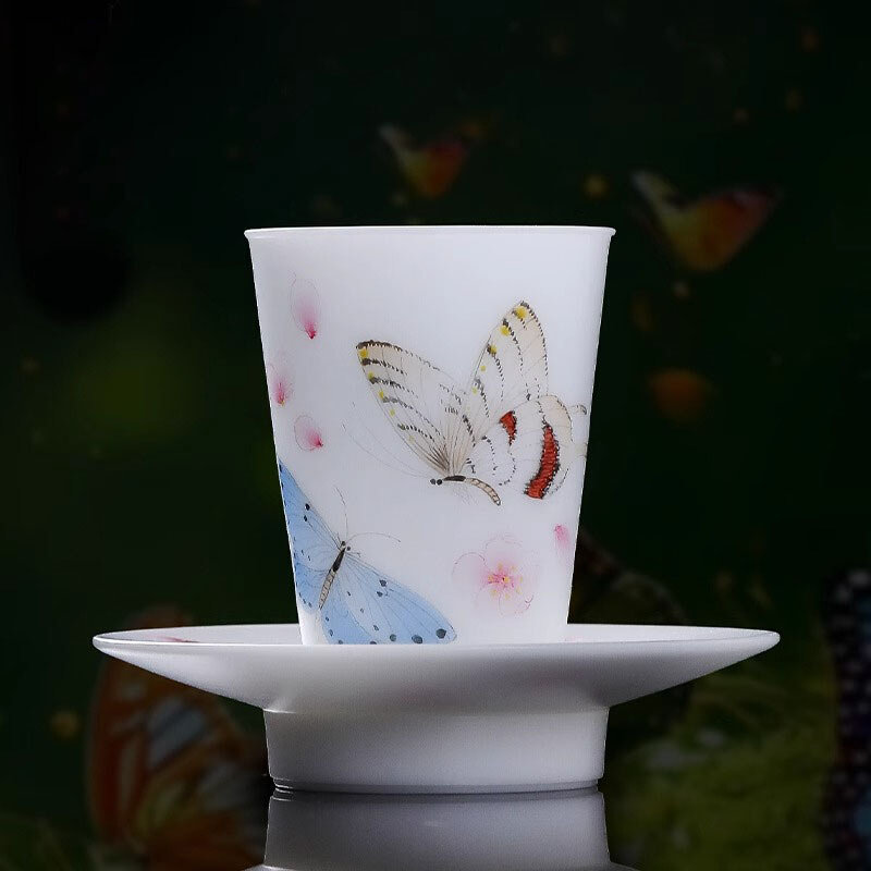 曾逸腾2025新款冰种玉瓷一杯一碟手绘莲花主人杯高档个人专用茶杯