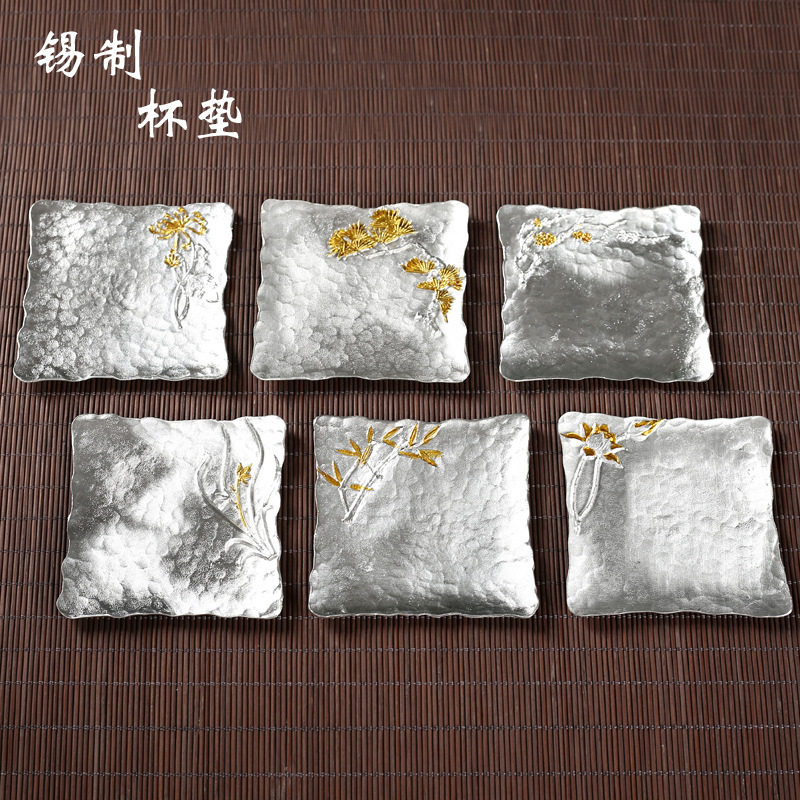 纯锡杯垫手工手打锤纹梅兰竹菊茶杯垫金属防烫隔热垫茶具配件杯托