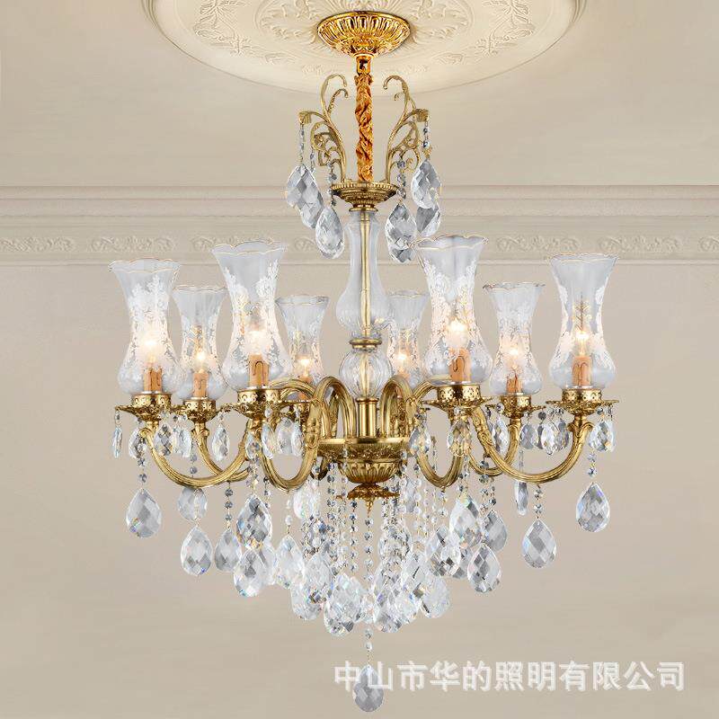 欧式全铜水晶吊灯客厅餐厅卧室灯法式轻奢别墅复式楼茶室书房铜灯