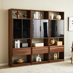 北美黑胡桃木书柜现代简约全实木落地置物架客厅家用收纳柜子立柜