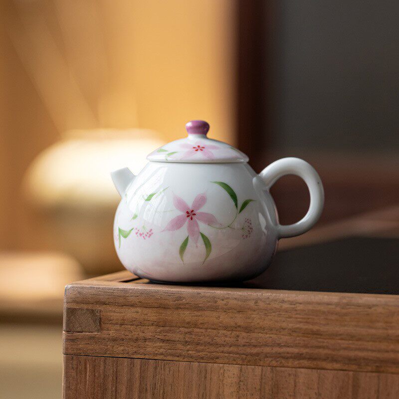 观岚手绘长春花文旦壶釉下彩茶壶陶瓷一人饮高档茶具家用泡茶器