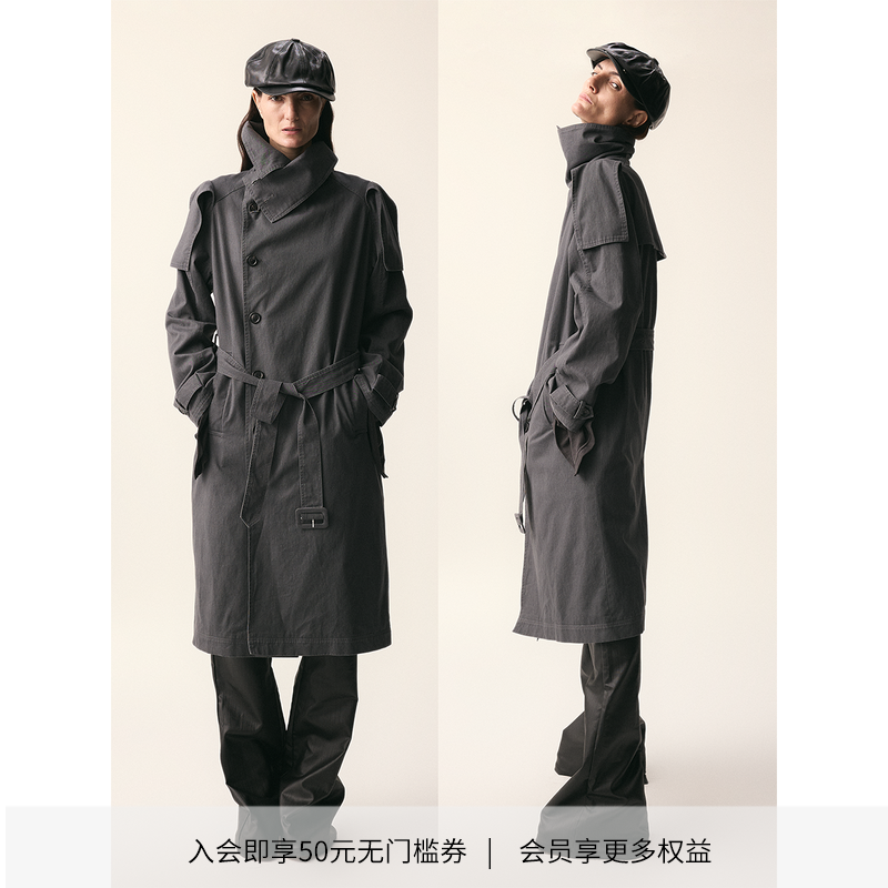 猎装水洗做旧侧门襟高领长风衣