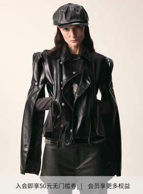 DIONYS*猎装开衩袖子双排扣铆钉皮衣修身短款夹克外套