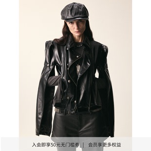 短款 DIONYS 子双排扣铆钉皮衣修身 开衩袖 夹克外套 猎装