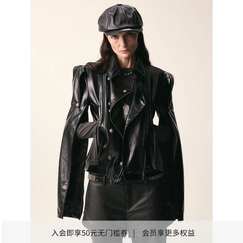 猎装开衩袖子双排扣铆钉皮衣