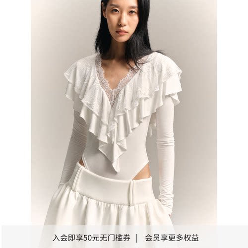 DIONYS*蕾丝荷叶褶皱长袖连体衣