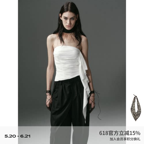 DIONYS*不规则褶皱雕塑感飘带立裁抹胸 不对称白色短款设计感上衣
