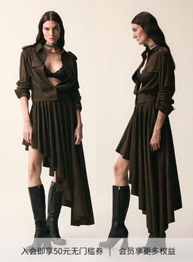 DIONYS*斜向不规则褶皱麂皮半裙设计感复古棕绿色中长款A字裙