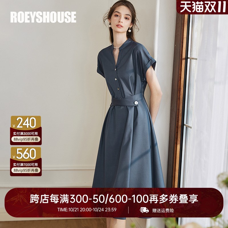 速发罗衣时尚通勤深蓝2连衣裙20色4春款优带系雅大摆裙子10222