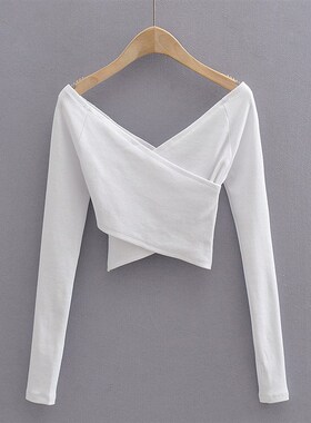 速发早春新款装时7纯色前后上领胸前交叉长T恤V衣C85尚5