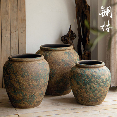 速发花工做旧手墨粗陶泼盆禅意陶瓷罐花瓶茶室纯手工仿古别墅酒店