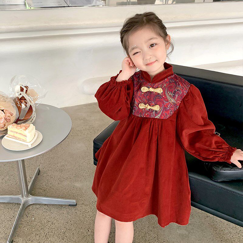 速发宝童连衣裙周岁礼服秋装洋气中国风.宝儿.童红色公主裙子春