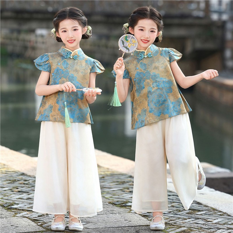 汉服女童套装新中式夏装中国风儿童新款唐装小女孩提花上衣阔腿裤