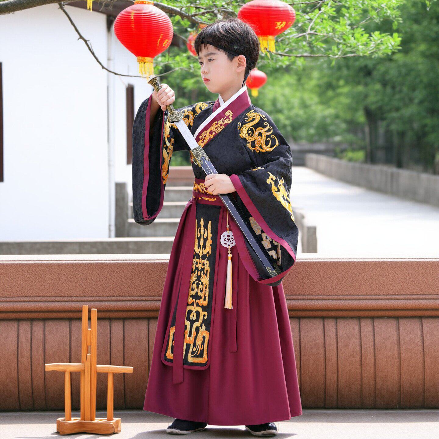 男童汉服皇帝龙袍衣服男孩古风帅气秦始皇服装儿童古装秦汉朝春秋