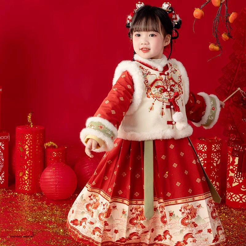 汉服女童冬装宝宝国风马甲套装新中式古装儿童唐装新年过年拜年服