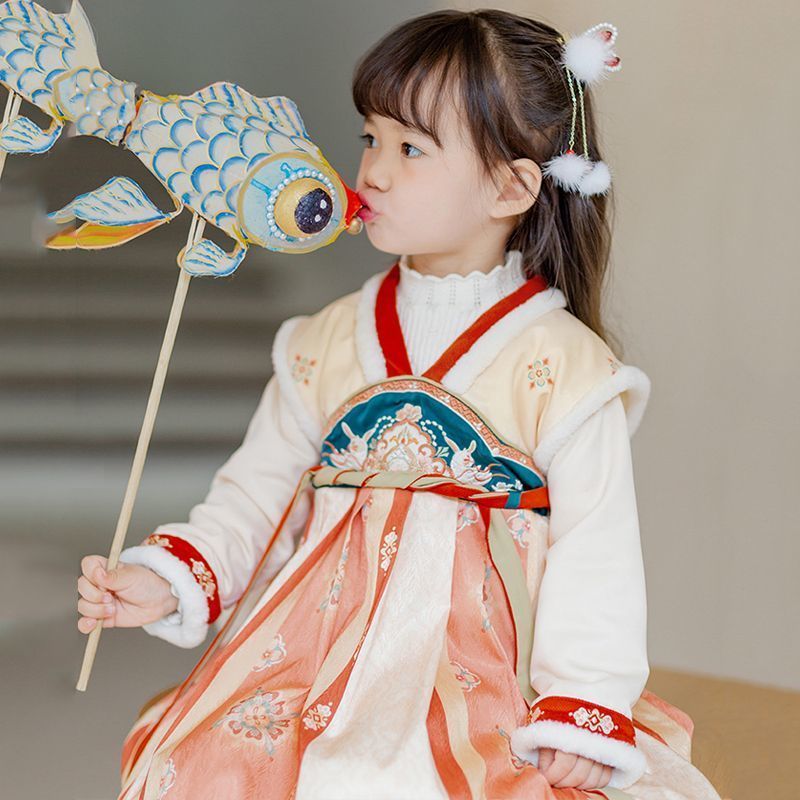 汉服儿童秋冬款加绒加厚套装中国风女童冬天公主裙古风唐装拜年服