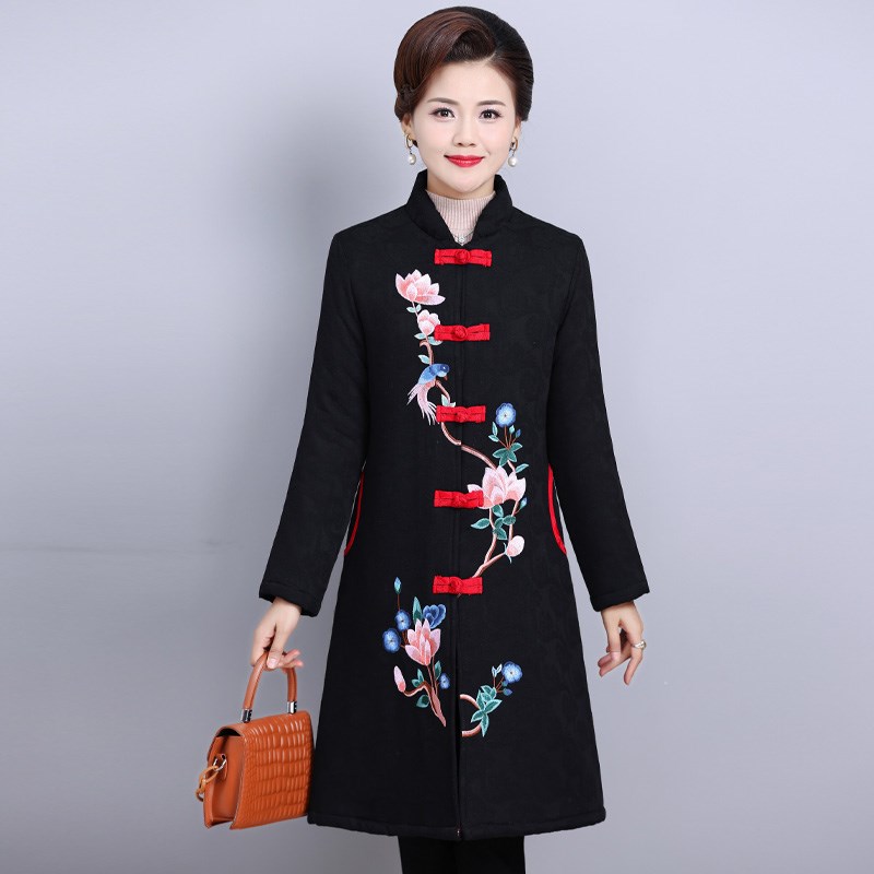 民族风绣花中长款棉衣女中国风立领盘扣提花刺绣唐装棉服棉袄外套
