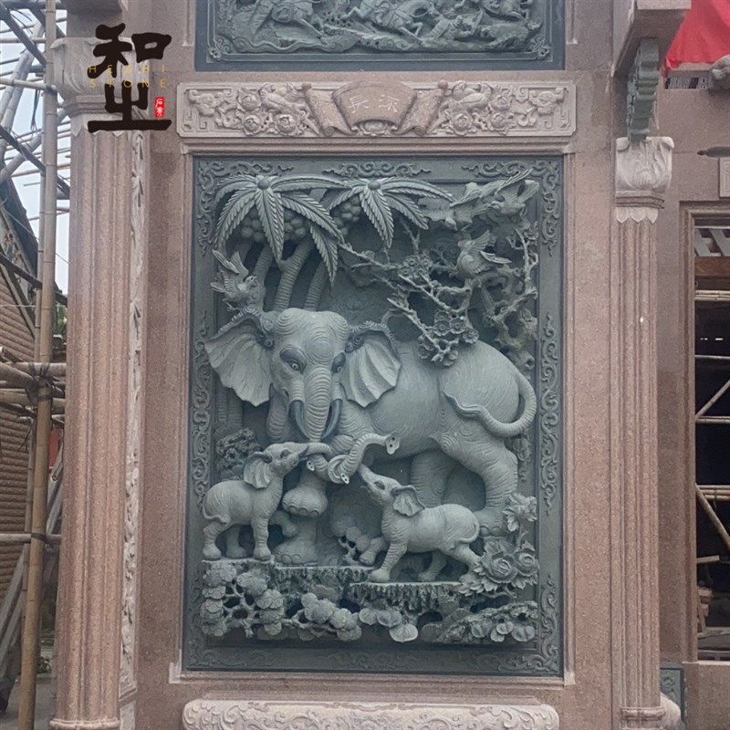 祠堂墙面狮象浮雕璧堵 花鸟瑞兽浮雕墙雕刻 精雕细刻款式多