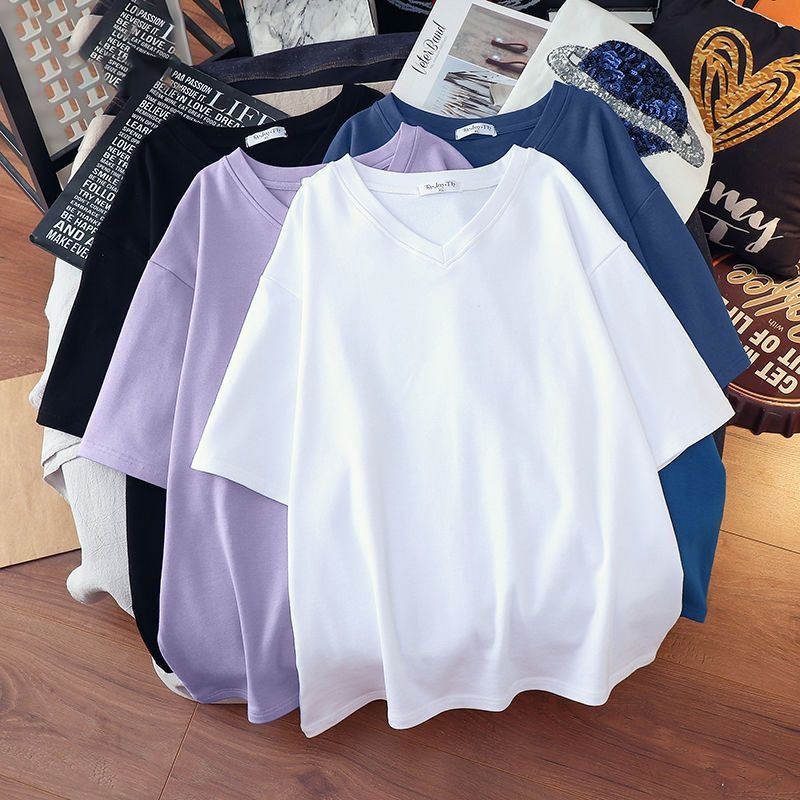 加大码T恤定制logo宽松纯棉短袖印字V领上衣团建服装丝光棉文化衫