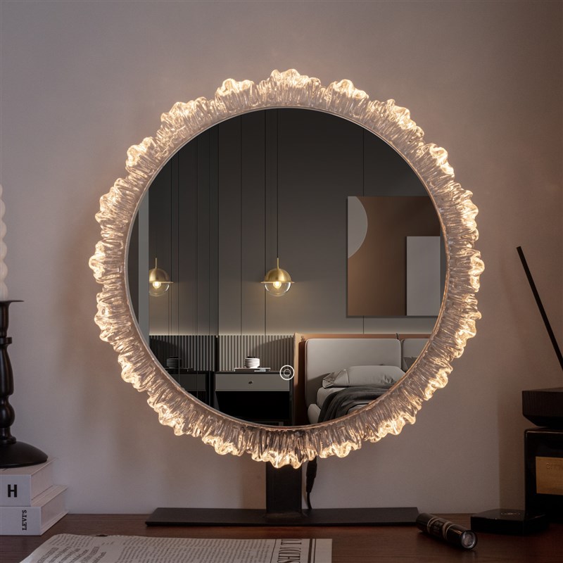 镜子家用高清智能台式桌面化妆镜大尺寸梳妆镜卧室轻奢带灯花边镜