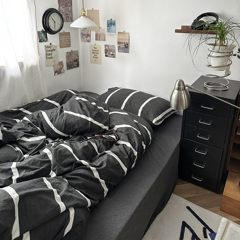 黑白简约条纹全棉纯棉床上四件套针织棉天竺棉裸睡床单被套床品