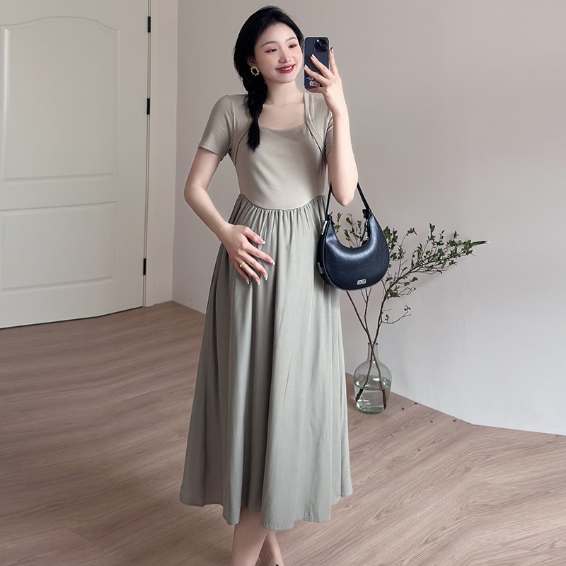 孕妇装夏装时尚拼接短袖连衣裙2025新款孕妇裙夏季韩版怀孕裙子夏