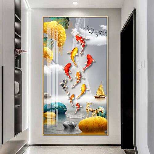 轻奢玄关装饰画九鱼图入户正对门墙画现J代简约走廊过道竖版壁画