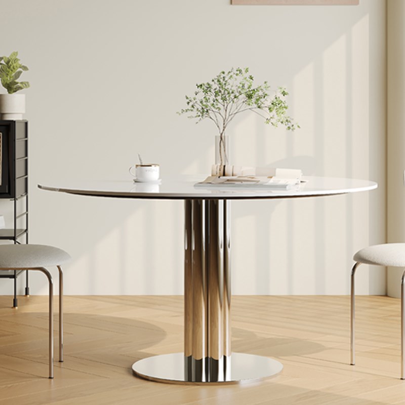 德利丰不锈钢岩板餐桌圆形阳台家用意式极简轻奢小户型吃饭圆桌子