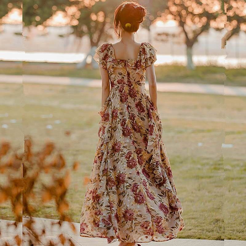 茶歇法式初恋甜美仙气超仙森系甜辣长裙及脚踝碎花印连衣裙女夏季