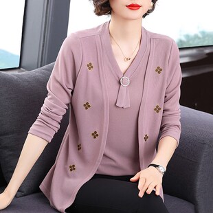 2024新款妈妈纯棉长袖假两件上衣春秋季时尚气质中年妇女T恤小衫