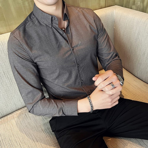 潮牌条纹衬衫男士春秋季日系修身高级感上衣服商务免烫抗皱衬衫潮