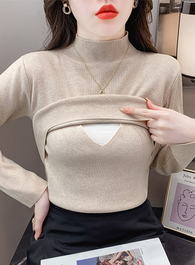 哺乳衣外出辣妈款秋冬装显瘦加厚半高F领打底毛衣产后百搭喂奶上