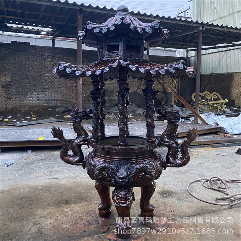 工厂定制新款六龙柱铜香炉仿古黄铜摆件寺院焚香铜器三足双层顶盖