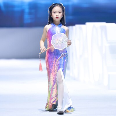 女童礼服2025新款高端儿童鱼尾裙公主亮片童模特走秀小女孩演出服
