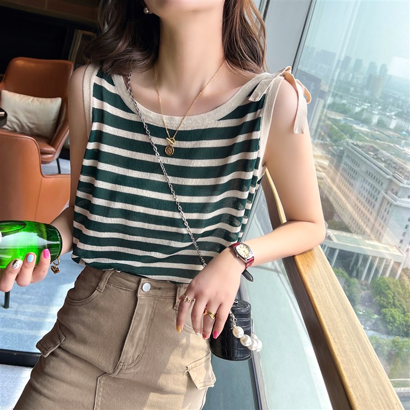 黑白条纹背心女夏外o穿宽松薄款内搭针织吊带无袖t恤大码打底上衣