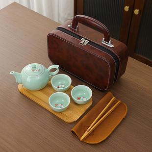 家用功夫茶具盖碗手提户外简约便携式 青瓷旅行茶具套装 可定制logo