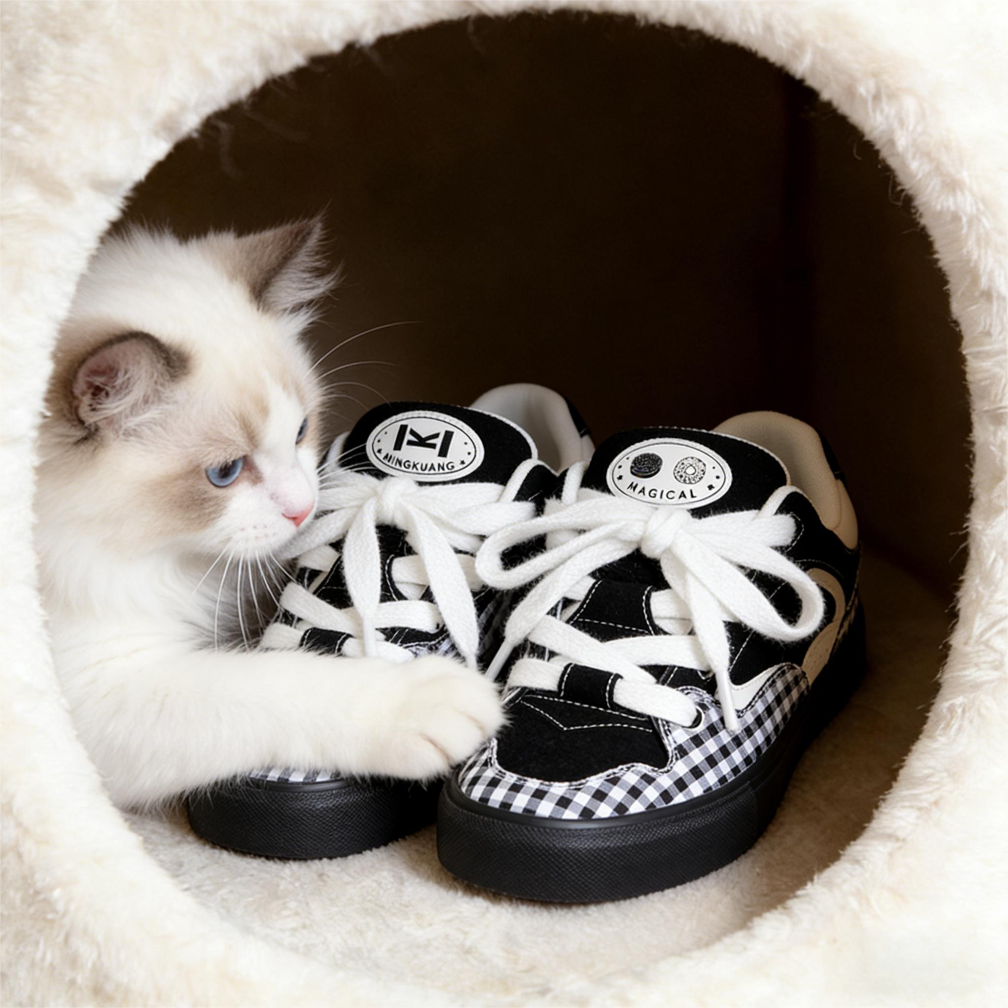 咪酱MEJON休闲风黑白格子板鞋女2026新款系带平底耐磨女鞋,女鞋,时尚休闲鞋,淘宝优惠券,粉丝福利购,淘宝优惠卷