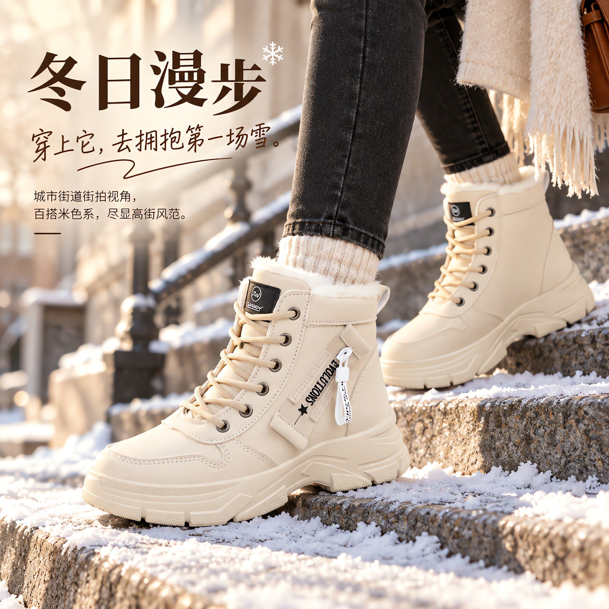 冬季加绒防滑防水增高女马丁靴