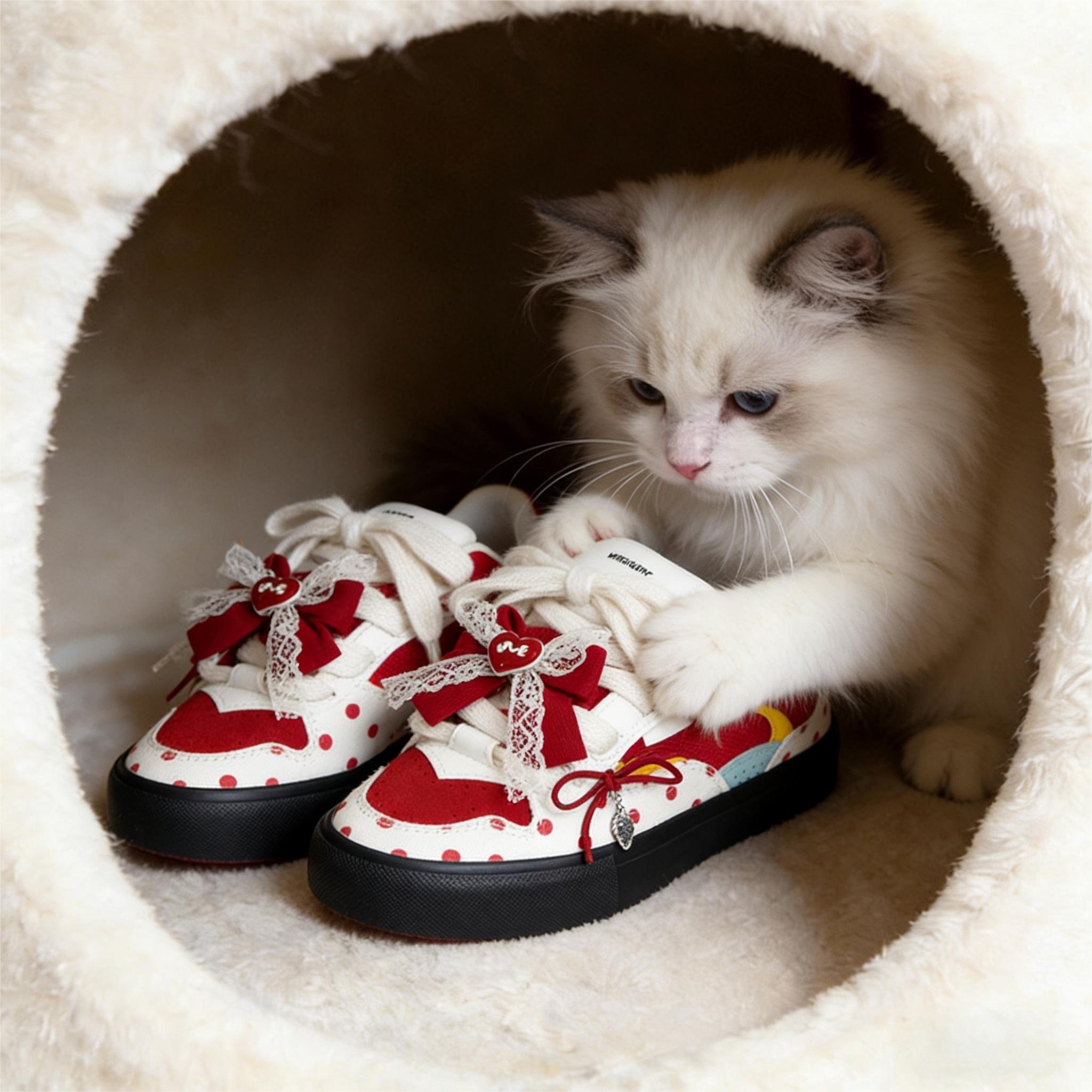 咪酱MEJON可爱风蕾丝波点休闲鞋女平跟系带百搭板鞋耐磨四季