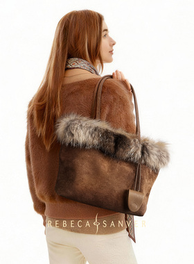REBECA SANVER 琥珀冬季贵气毛绒领时髦精大容量托特包可装电脑
