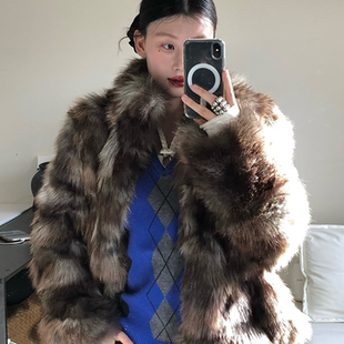 【王悦伊同款】RURE迷彩风格双色环保皮草夹克外套2025秋冬外套