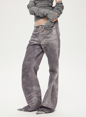 【特价】RURE FAKE PRINT手绘复古水洗印花喇叭牛仔裤女士阔腿裤