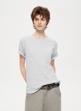 【特价】RURE 圆领褶皱T恤半袖纯色上衣女夏日常百搭短袖舒适面料
