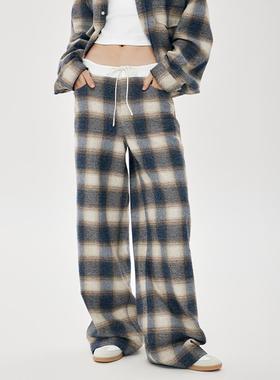 【特价】【博主同款】RURE 拼接腰头设计阔腿格纹裤长裤女慵懒风