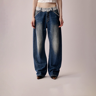 【一只贝卡同款】RURE蕾丝贴布装饰牛仔直筒长裤新款设计感拖地裤