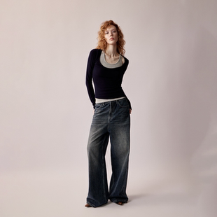 RURE假两件套头针织拼色上衣2026新款秋冬含羊毛T恤衬衫时尚休闲