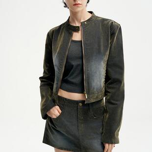 【特价】RURE 复古洗水牛仔丝绒短款修身外套辣妹穿搭显瘦女上衣