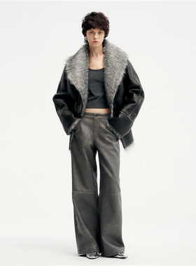 【特价】【博主同款】RURE 碳灰色做旧风格水洗皮革擦色阔腿裤