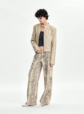 【特价】RURE 水洗做旧风格蟒蛇纹理低腰牛仔阔腿裤秋冬流行长裤