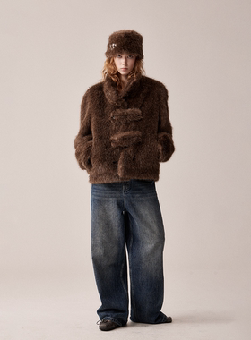 RURE环保皮草夹克外套2025新款复古棕色秋冬上衣上装保暖流行外套